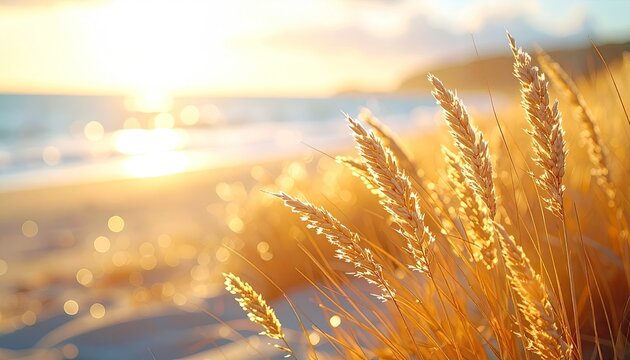 Golden Hour Sunlight On Beach Grass With Ocean Waves In The Background Casting Long Shadows On Sand