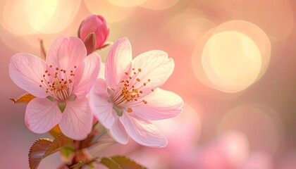 Close Up Of Delicate Pink Cherry Blossoms With Soft Bokeh Background And Warm Sunlight Creating A Gentle And Romantic Spring Atmosphere