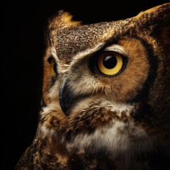 Close-up of a majestic great horned owl against a dark background, showcasing its sharp gaze