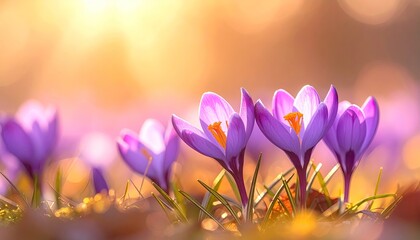 Close up of purple crocus flowers in bloom during golden hour with soft bokeh background and warm sunlight filtering through