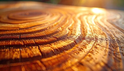 Close up of natural wood grain pattern with warm sunlight creating a textured surface with intricate lines and rings in golden hour lighting