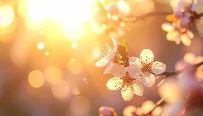Close up of delicate white cherry blossoms illuminated by warm golden sunlight creating a soft bokeh background in early spring