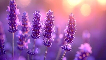 Close up of purple lavender flowers in bloom during a soft golden hour sunset with bokeh lights in the background and a gentle pink hue across the scene