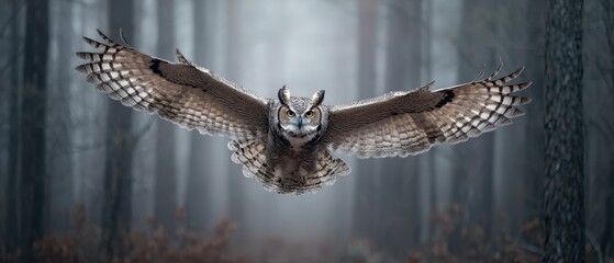 Majestic owl in powerful flight through a mystical, misty forest environment, showcasing its impressive wingspan and intense gaze
