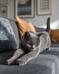 A Relaxing Cat Stretching on the Sofa in Natural Light