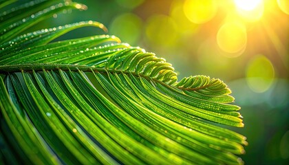 Close up of vibrant green palm leaf with dew drops glistening in warm golden sunlight and soft bokeh background