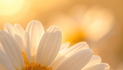Close Up Of White Daisy Petals Illuminated By Golden Sunlight With Soft Yellow Bokeh Background