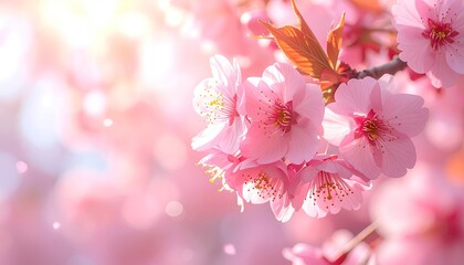 Delicate pink cherry blossoms bathed in warm sunlight with a soft focus background of bokeh lights creating a serene and gentle spring atmosphere.