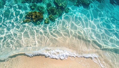 Crystal clear turquoise ocean water with gentle waves washing onto a sandy beach with coral visible beneath the surface under soft golden sunlight