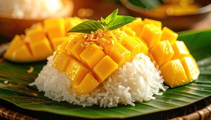 Delicious Mango Sticky Rice Dessert Served on Banana Leaf with Fresh Mint Garnish and Toasted Sesame Seeds in a Warm Natural Light Setting