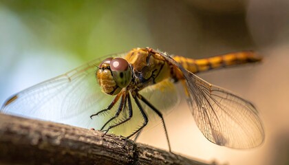 Detailed Macro Close-Up Of An Orange Dragonfly Resting On A Textured Branch With Translucent Wings And Soft Natural Lighting Creating A Serene Atmosphere