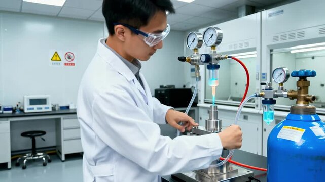 Engineer conducting nitrogen pressure testing in a controlled lab environment verifying airtight seals and structural integrity using inert gas.