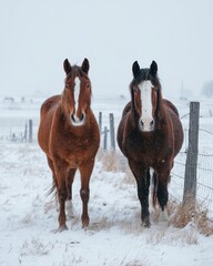 Two horses standing in a snowy field during winter, looking at the camera