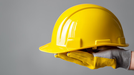 Fototapeta premium Construction safety concept with yellow hard hat in gloved hand on neutral background