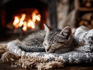 Cozy Cat Napping by a Warm Fireplace on a Blanket
