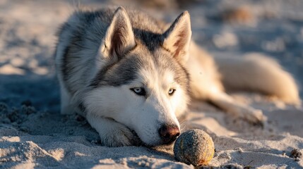 Husky Resting on Beach with Ball Serene Portrait of a Majestic Dog