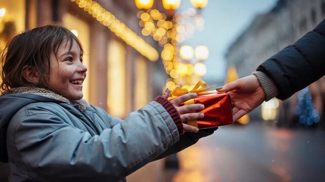 Little girl receiving gift wrapped present on city street decorated with Christmas lights. Gift is transferred from one hand to another, in festive anticipation.