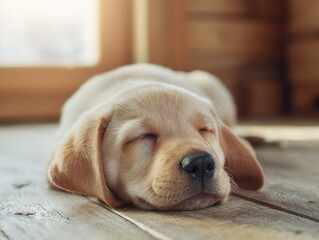 Adorable yellow Labrador puppy sleeping peacefully on a wooden floor