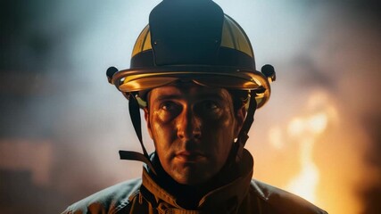 Portrait firefighter with helmet in front of fire and smoke, firefighter faces danger. Intense portrait shows sweat on man's face and concern in his eyes, and captures determination of firefighter.