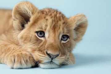 Adorable and innocent baby lion cub resting peacefully, showcasing its beautiful fur and captivating eyes on a soft blue studio background