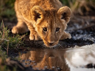 Captivating close-up of an adorable lion cub quenching its thirst, its reflection shimmering perfectly in the tranquil water