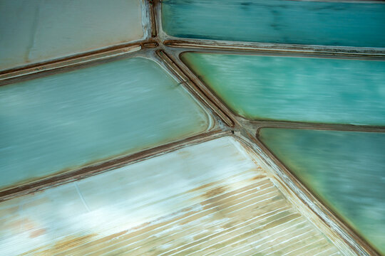 Aerial view of colorful salt ponds and evaporation fields in Shark Bay, Western Australia