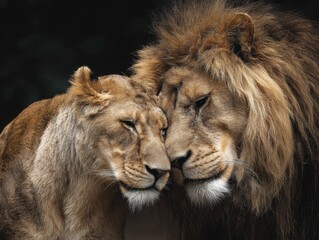 Obraz premium A Majestic Display of Affection Between a Powerful Lion and a Graceful Lioness, Symbolizing Love and Partnership in the Wild