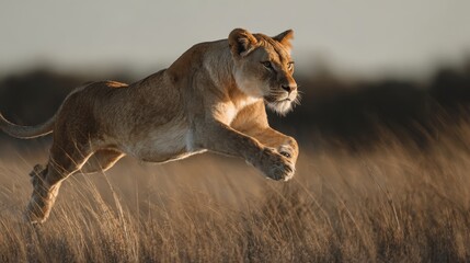 A powerful lioness leaps through tall golden grass during a sunset hunt in the African savanna