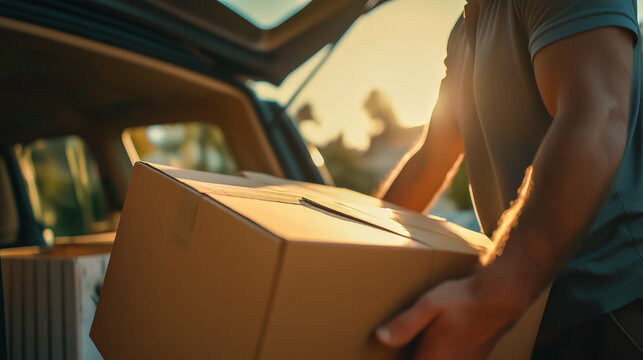 Man lifting cardboard box into car trunk during sunset delivery