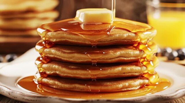 Fluffy pancakes stacked high with melting butter and drizzled in golden syrup create delicious breakfast scene, evoking comfort and indulgence with warm, inviting textures