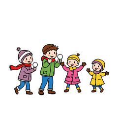 Group of Happy Kids Playing Snowball Fight