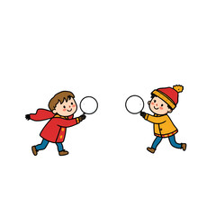 Cute Kids Playing Snowball Fight Winter Cartoon