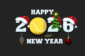 Naklejka premium Happy new year. 2026 with tennis ball. Numbers in Christmas hats with tennis racket and Christmas tree ball. Original template design for greeting card. Vector illustration on isolated background