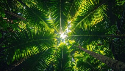 Fototapeta premium Looking Up Through Lush Green Palm Fronds Towards The Bright Sun Creating A Beautiful Natural Sunburst Effect In A Tropical Forest