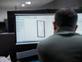 Professional using computer aided design software to model window frame with technical specifications