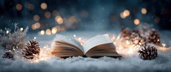 Beauty of a new year with an open book in snow