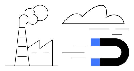 Factory with smoke, airflow lines, cloud, and magnet portraying industrial influence, energy flow, and sustainability. Ideal for environment, pollution, energy efficiency industrial impact climate