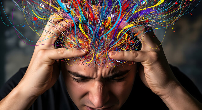 Close-up of man holding head with colorful abstract lines emerging from his mind, symbolizing racing thoughts, conceptual mental health image