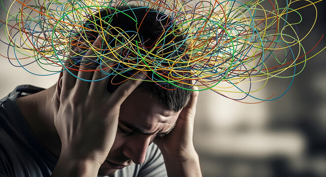 Close-up of man holding head with colorful abstract lines emerging from his mind, symbolizing racing thoughts, conceptual mental health image