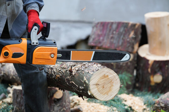 A man cutting fallen tree with an electric chainsaw - Powered by Adobe