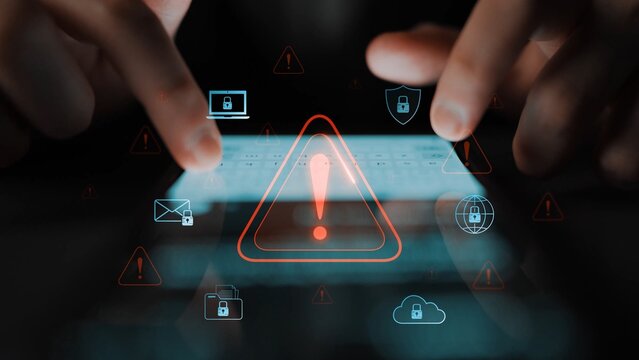 Cybersecurity threat alert protects data. Cyber security threat alert prevents access, alert warns breach, defends system, and cyber security threat alert identifies risk. Marrow - Powered by Adobe
