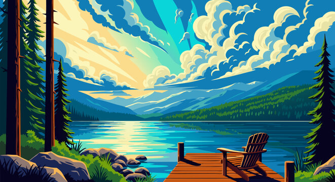 Secluded Lake Retreat Serene Lakeside View with Mountains, Dock, and Nature's Embrace