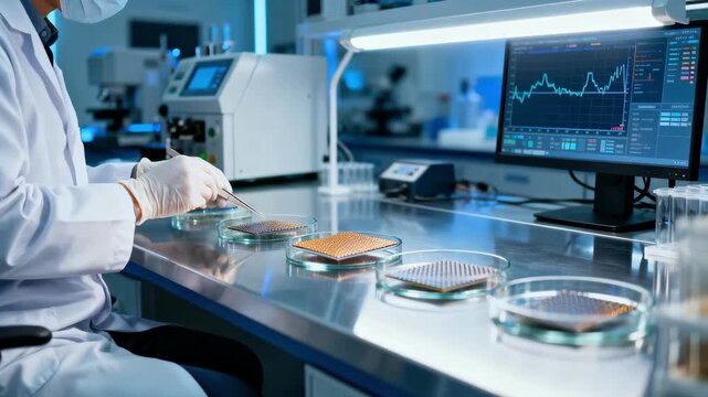 Medium shot of a researcher handling nanostructured substrates in a modern lab exploring advanced energy materials for improved device efficiency.