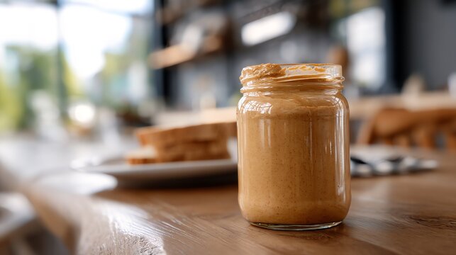 Close-up of Creamy Peanut Butter Jar on Wooden Table