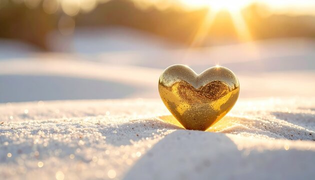 Golden Heart Symbol Resting On A Sunlit Sandy Beach With Gentle Ocean Waves In The Background At Sunrise