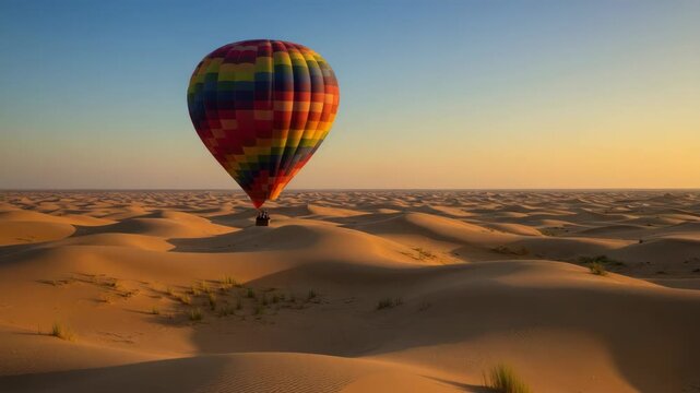 Colorful hot air balloon over desert dunes at sunset