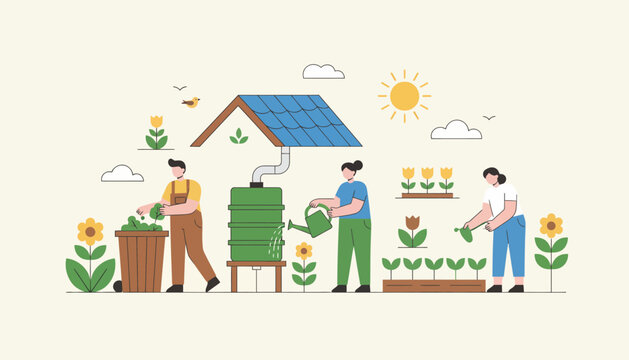 A vibrant community garden where volunteers are composting and collecting rainwater promoting local sustainability initiatives.