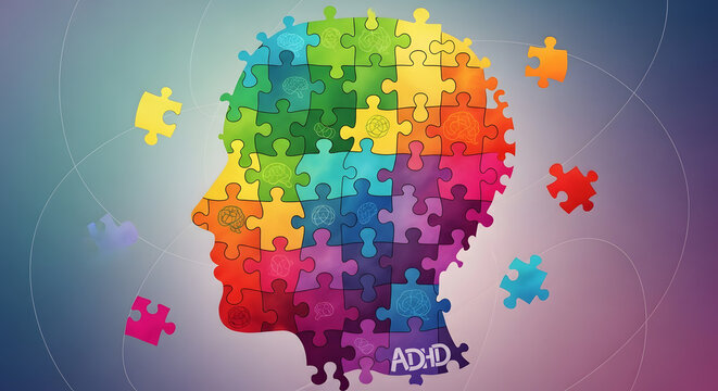 Digital illustration of human profile made from rainbow puzzle pieces, ADHD diversity and individuality concept