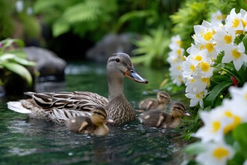 Mother duck and her ducklings swimming peacefully in a garden pond with blooming flowers
