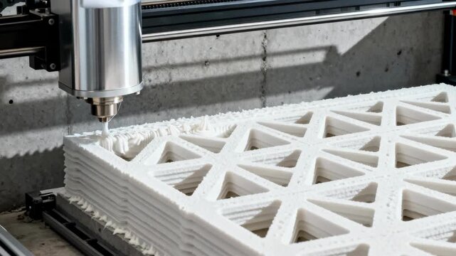 Medium shot of 3D printer shaping lightweight formwork with intricate lattice patterns for optimized structural support in construction settings.